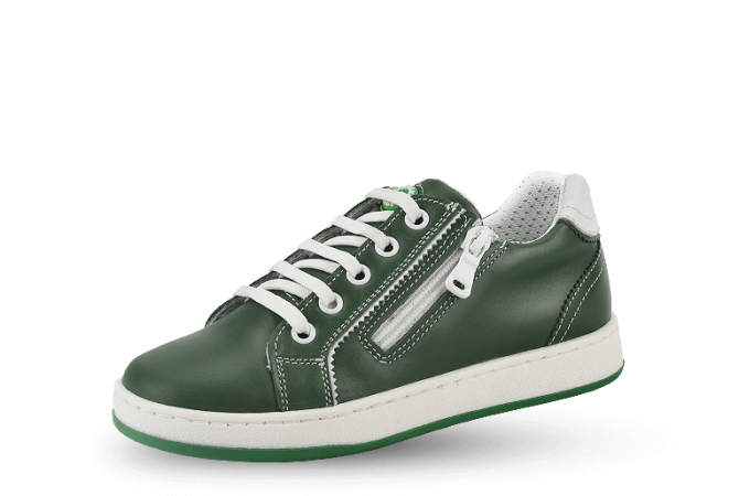 Kids' sneakers with laces and a zipper in green color