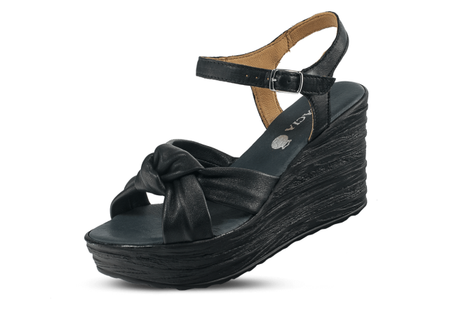 Black ladies' sandals with a wedge-shaped heel